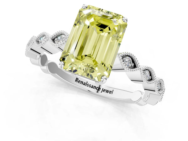 White gold Fancy Yellow Emerald Cut Solitaire Diamond Ring with Infinity Twist Band and Four-Prong Setting