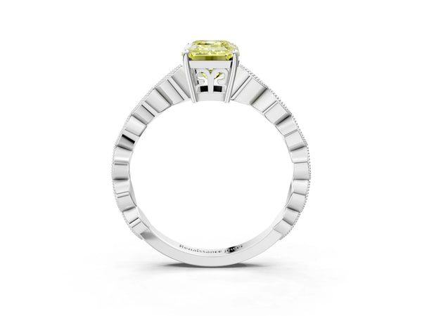 White gold Fancy Yellow Emerald Cut Solitaire Diamond Ring with Infinity Twist Band and Four-Prong Setting