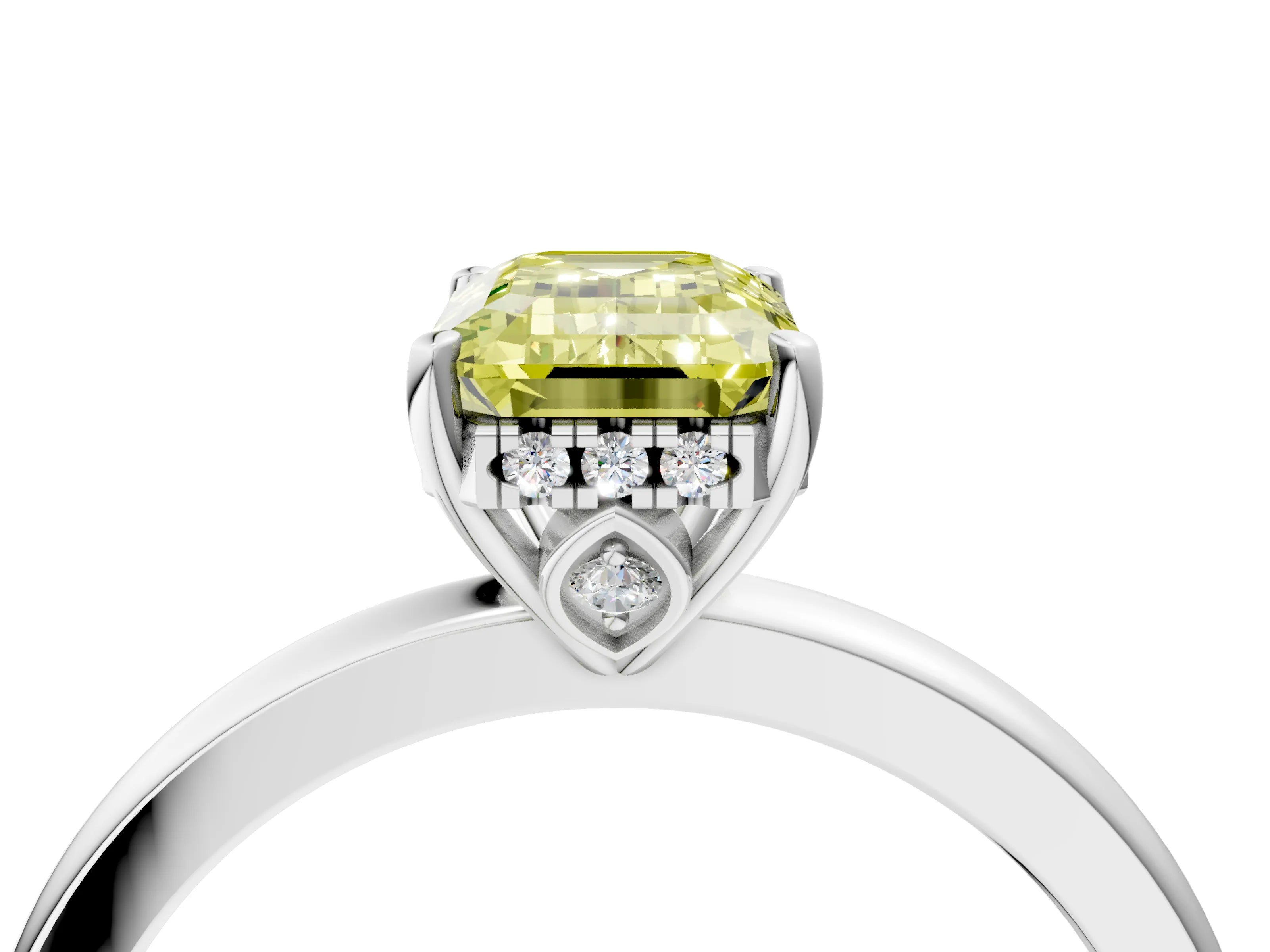 White gold Fancy Yellow Emerald Cut Solitaire Diamond Ring with Prong Setting and Plain Band_10