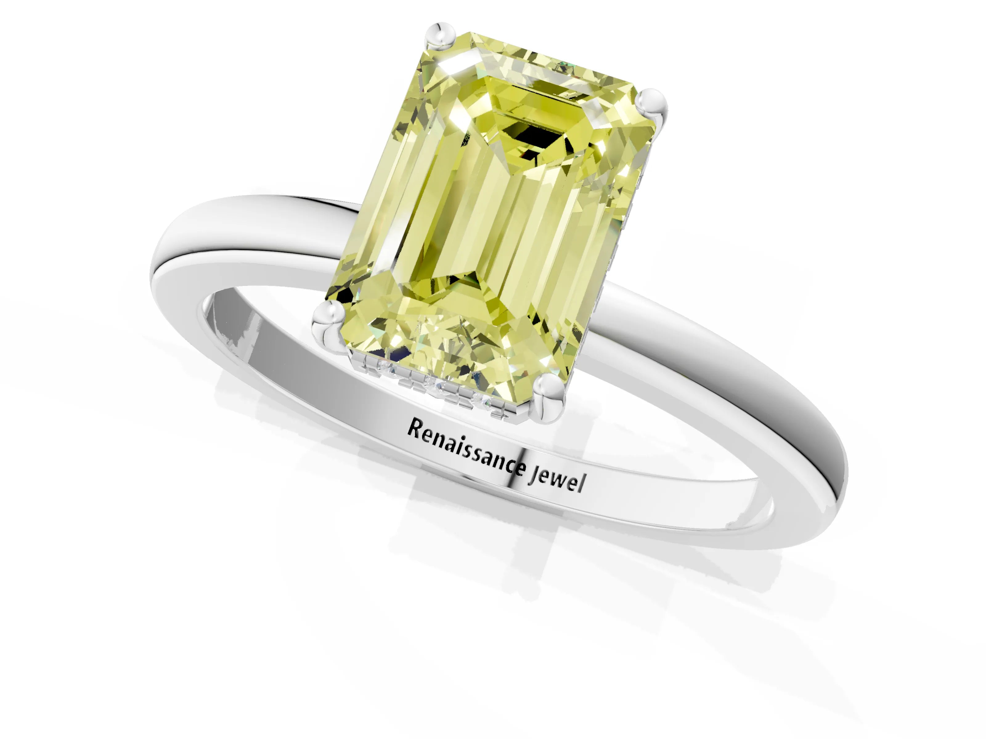 White gold Fancy Yellow Emerald Cut Solitaire Diamond Ring with Prong Setting and Plain Band_11