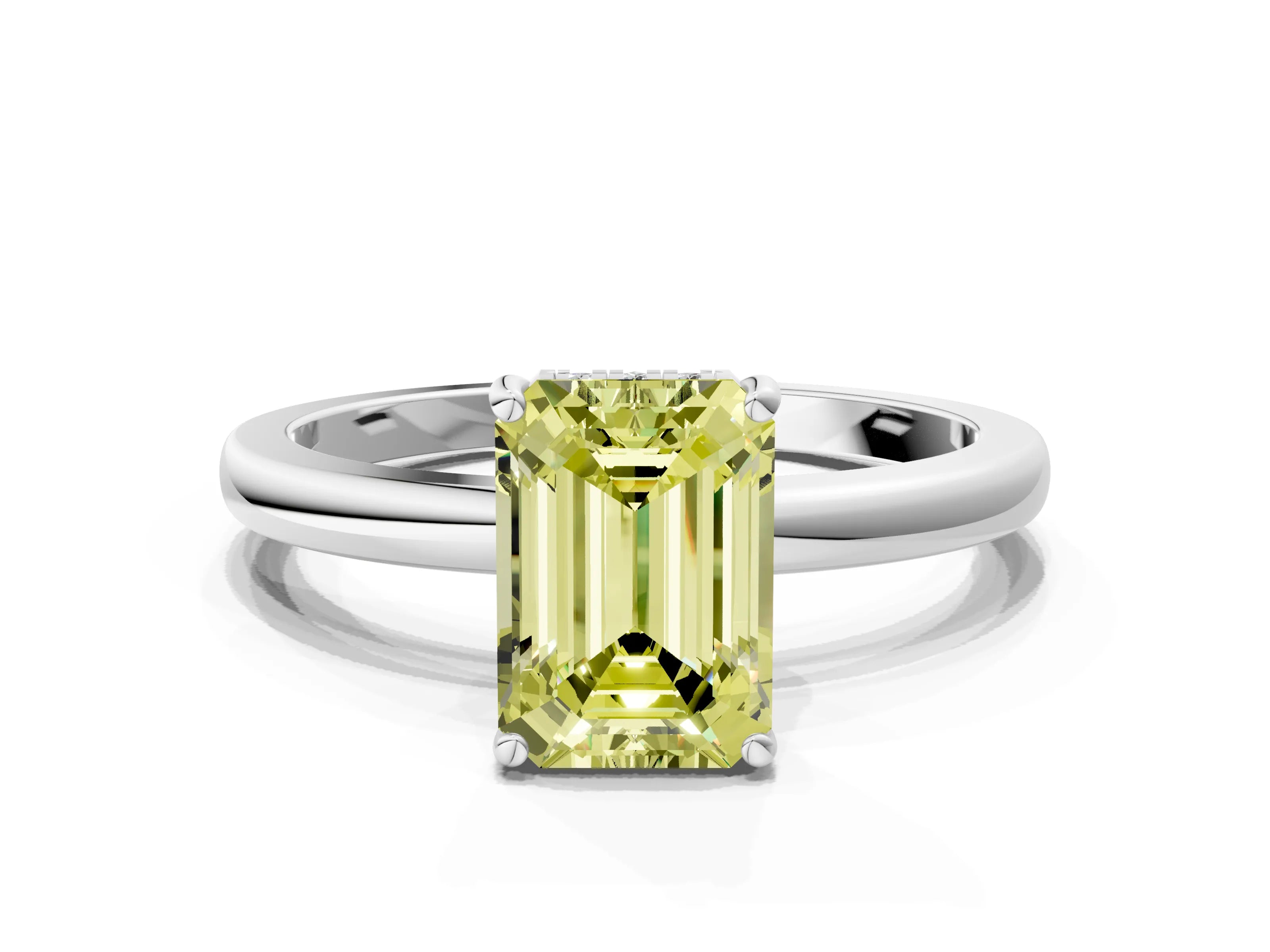 White gold Fancy Yellow Emerald Cut Solitaire Diamond Ring with Prong Setting and Plain Band_12
