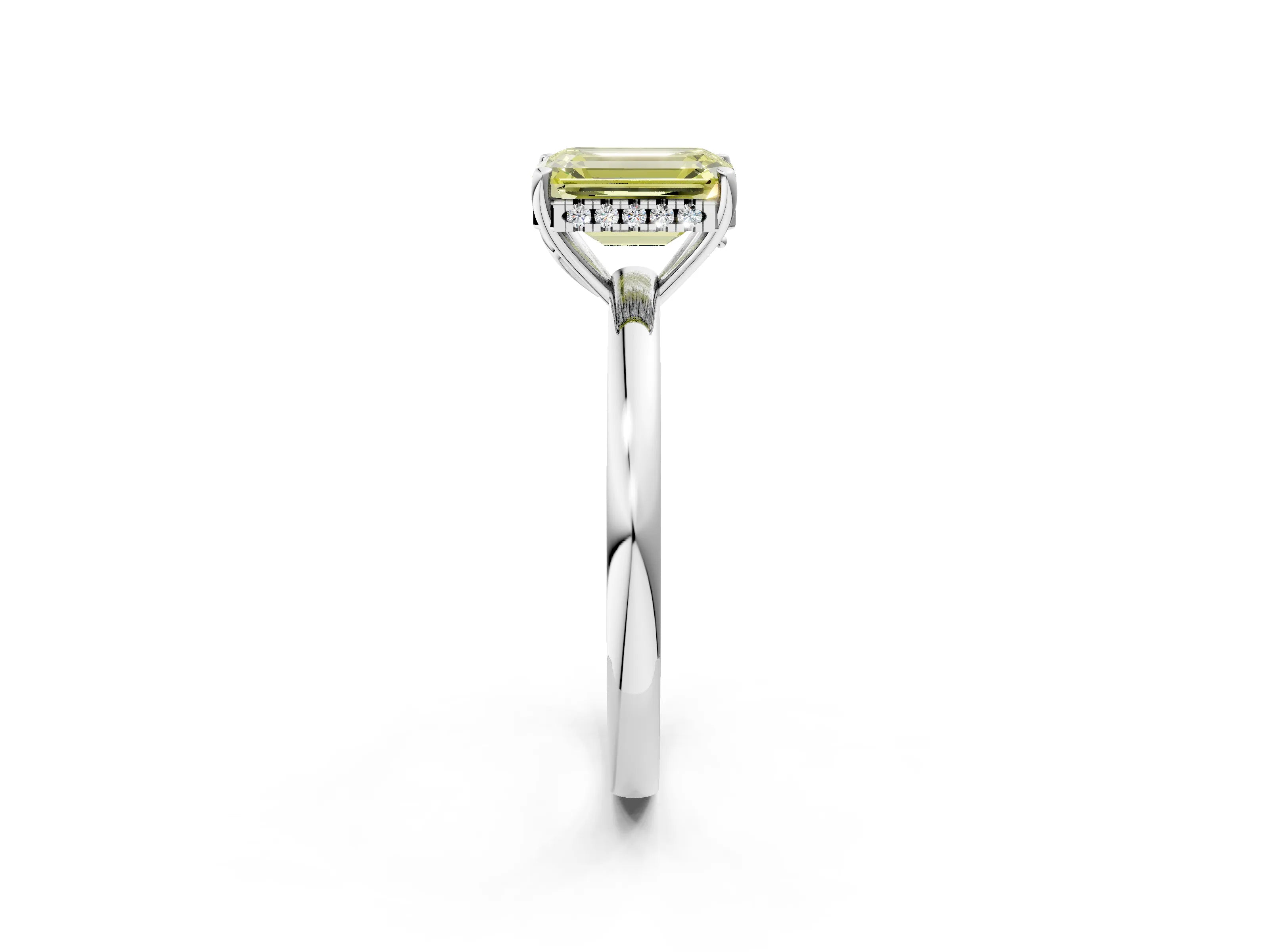 White gold Fancy Yellow Emerald Cut Solitaire Diamond Ring with Prong Setting and Plain Band_14
