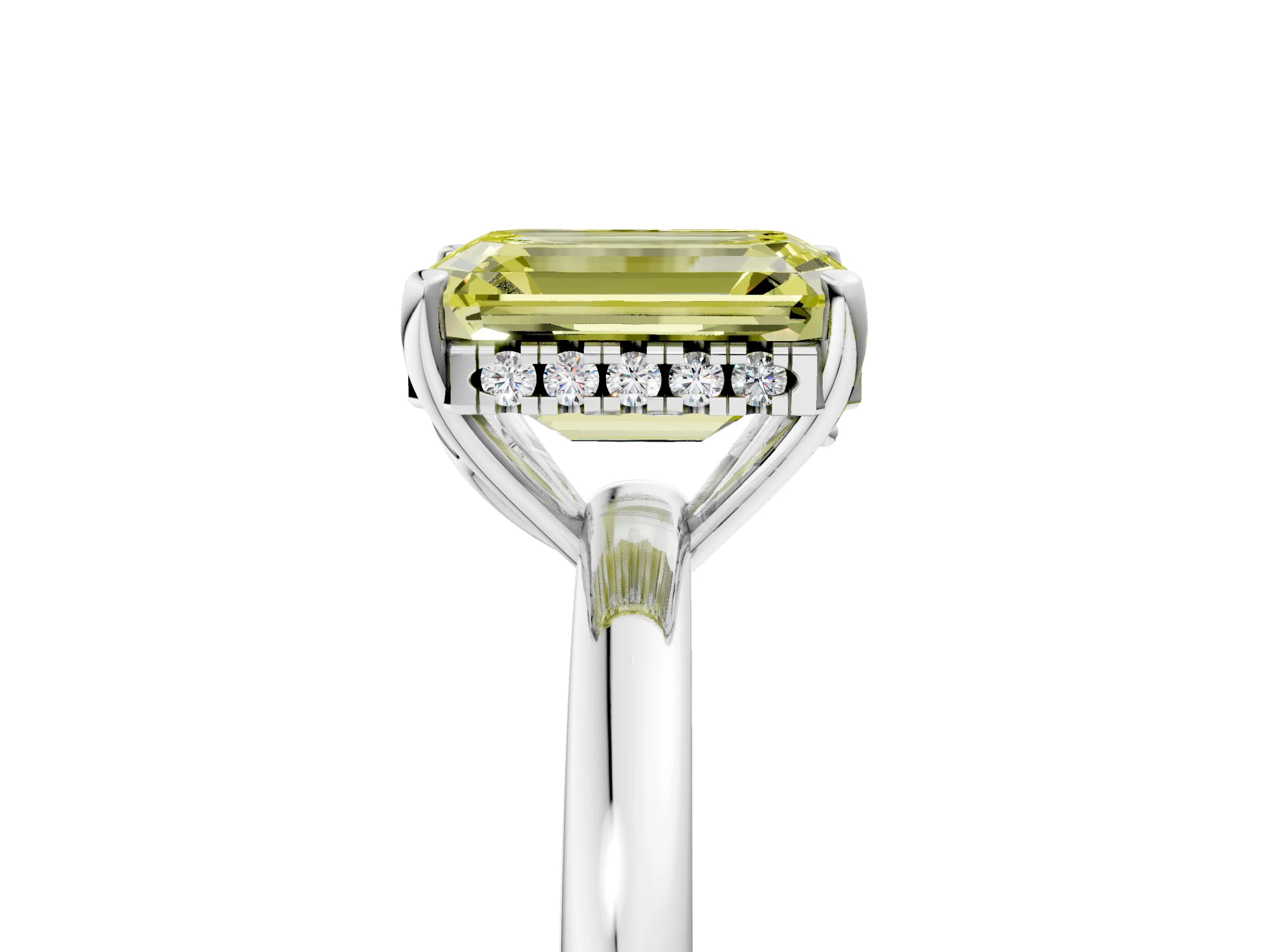 White gold Fancy Yellow Emerald Cut Solitaire Diamond Ring with Prong Setting and Plain Band_15