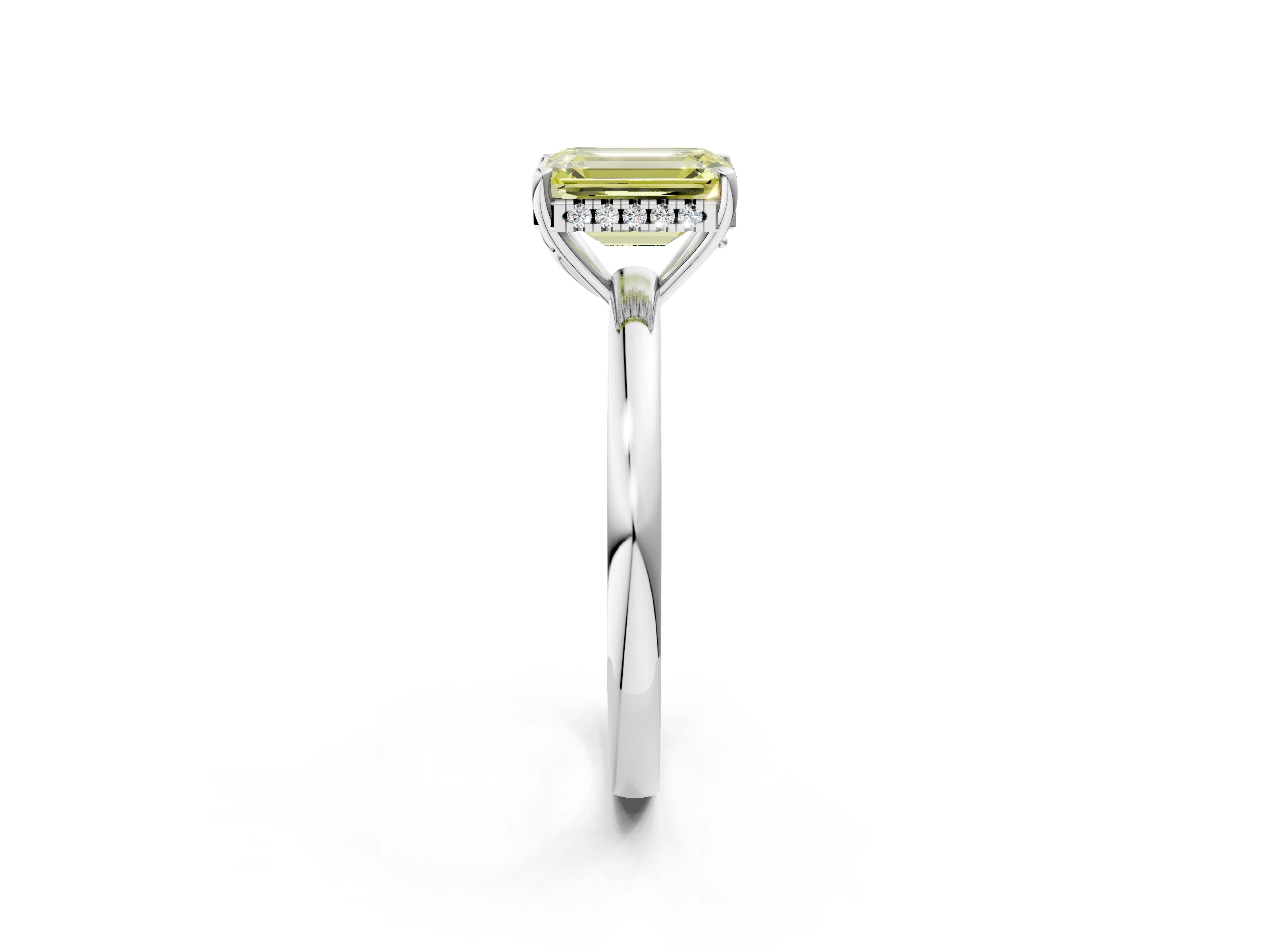 White gold Fancy Yellow Emerald Cut Solitaire Diamond Ring with Prong Setting and Plain Band_20