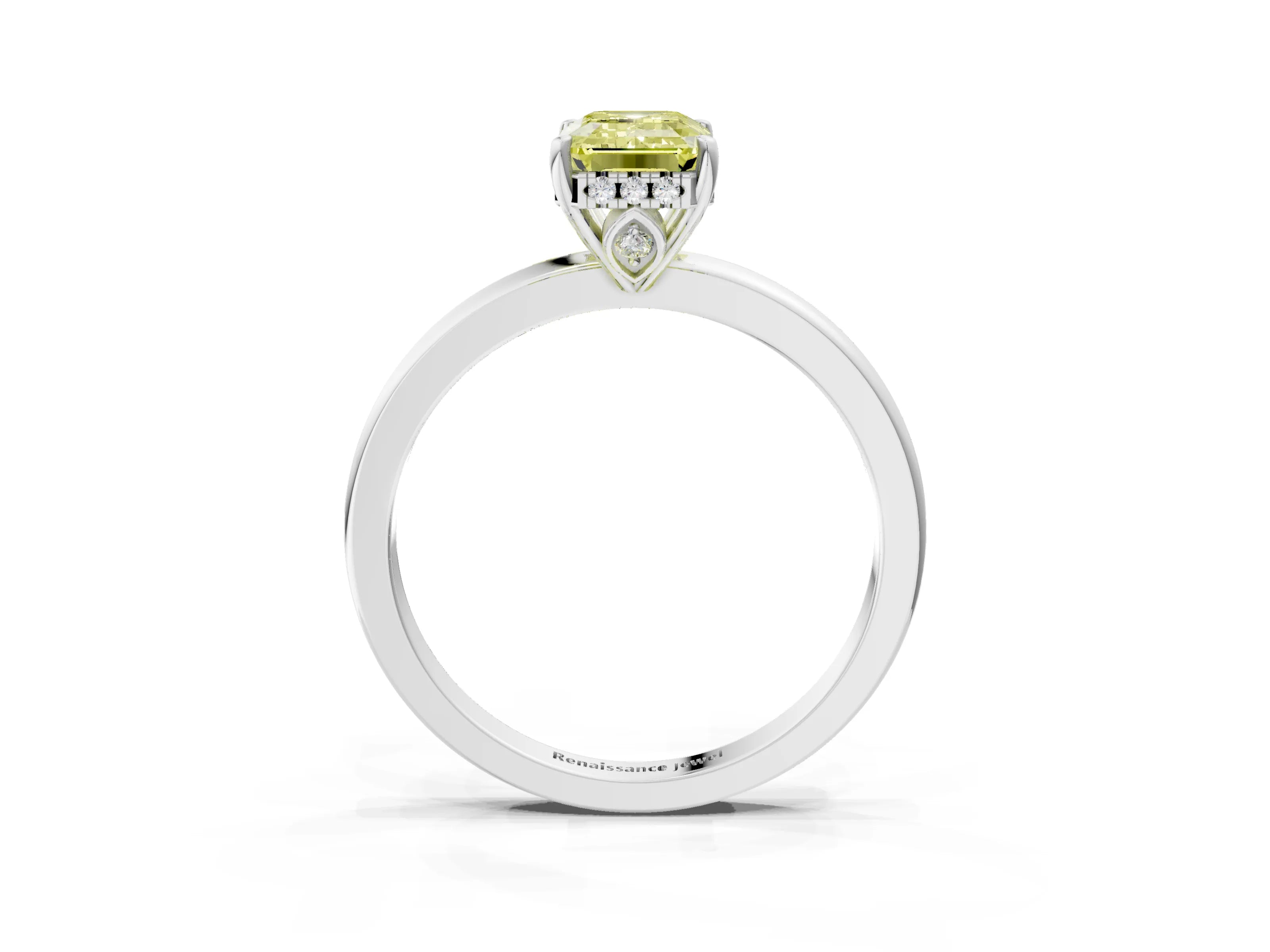 White gold Fancy Yellow Emerald Cut Solitaire Diamond Ring with Prong Setting and Plain Band_21