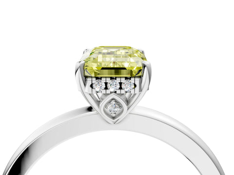 White gold Fancy Yellow Emerald Cut Solitaire Diamond Ring with Prong Setting and Plain Band_22