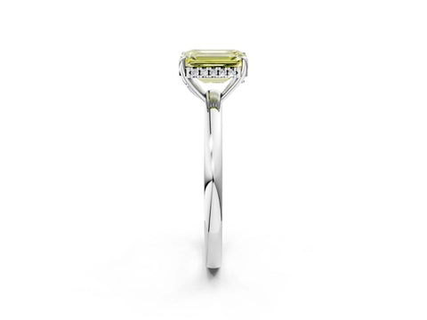 White gold Fancy Yellow Emerald Cut Solitaire Diamond Ring with Prong Setting and Plain Band_2