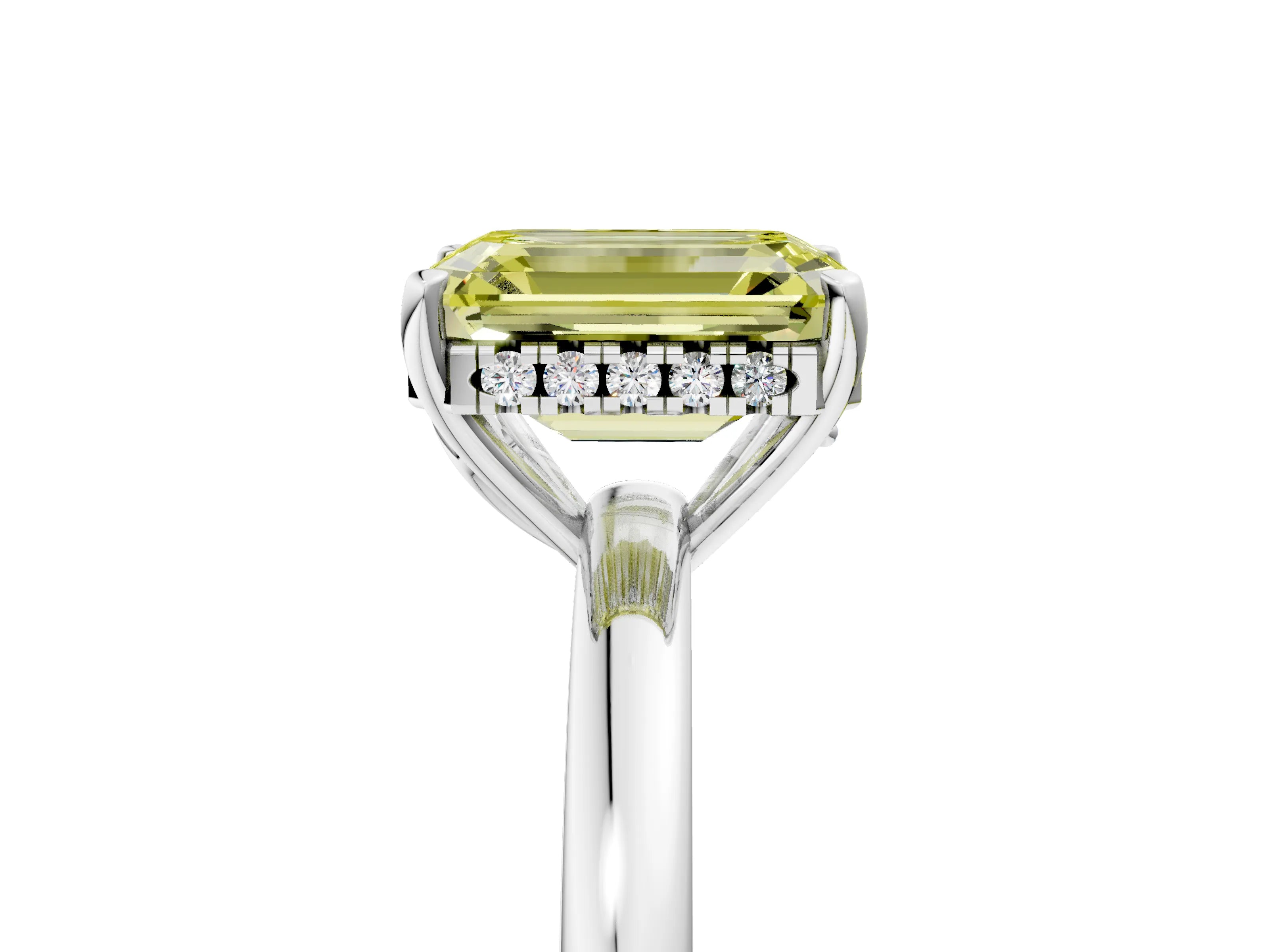 White gold Fancy Yellow Emerald Cut Solitaire Diamond Ring with Prong Setting and Plain Band_5