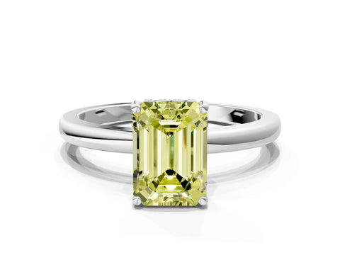 White gold Fancy Yellow Emerald Cut Solitaire Diamond Ring with Prong Setting and Plain Band