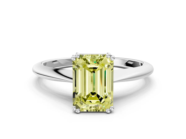 Platinum Fancy Yellow Emerald Cut Solitaire Diamond Ring with Six-Prong Setting and Classic Band