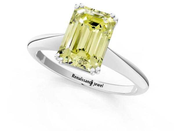 Platinum Fancy Yellow Emerald Cut Solitaire Diamond Ring with Six-Prong Setting and Classic Band