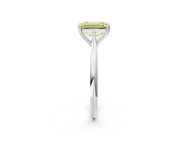 Platinum Fancy Yellow Emerald Cut Solitaire Diamond Ring with Six-Prong Setting and Classic Band