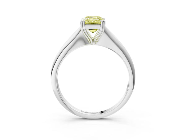 Platinum Fancy Yellow Emerald Cut Solitaire Diamond Ring with Six-Prong Setting and Classic Band