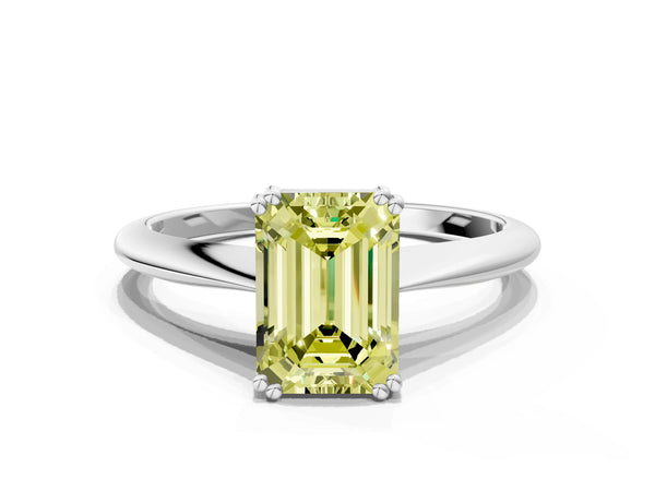 Platinum Fancy Yellow Emerald Cut Solitaire Diamond Ring with Six-Prong Setting and Classic Band