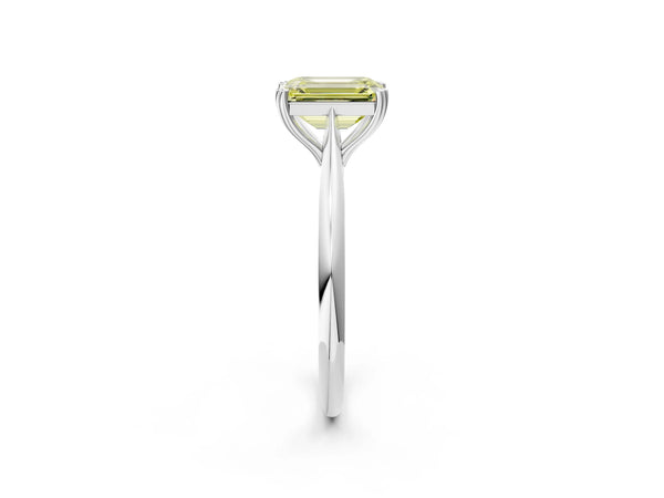 Platinum Fancy Yellow Emerald Cut Solitaire Diamond Ring with Six-Prong Setting and Classic Band