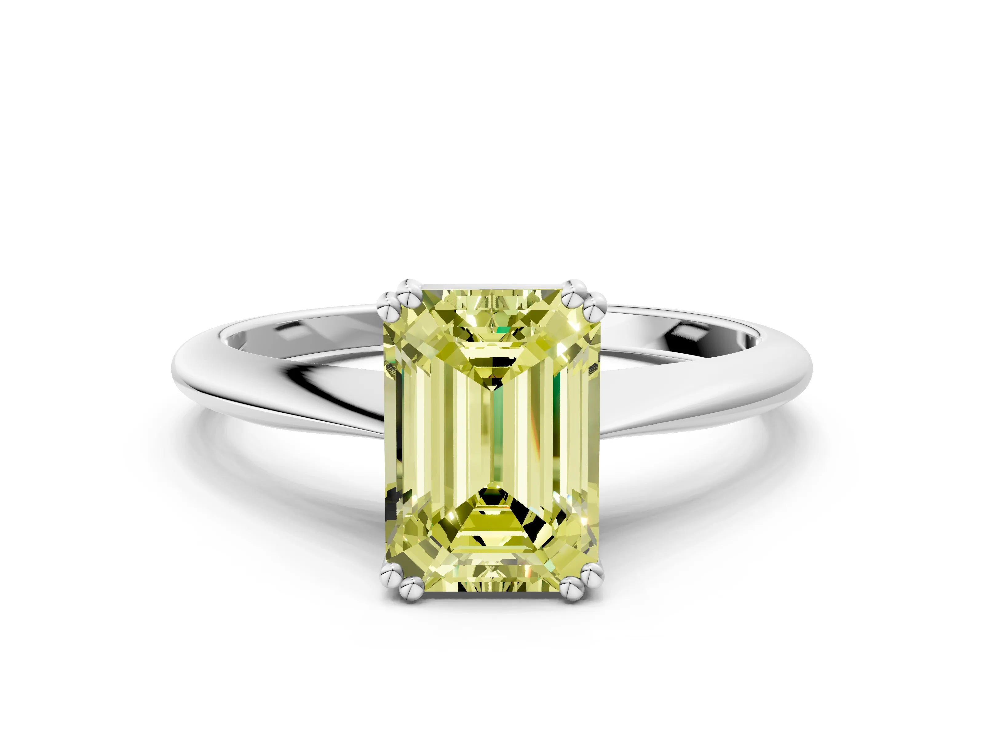 White gold Fancy Yellow Emerald Cut Solitaire Diamond Ring with Six-Prong Setting and Classic Band