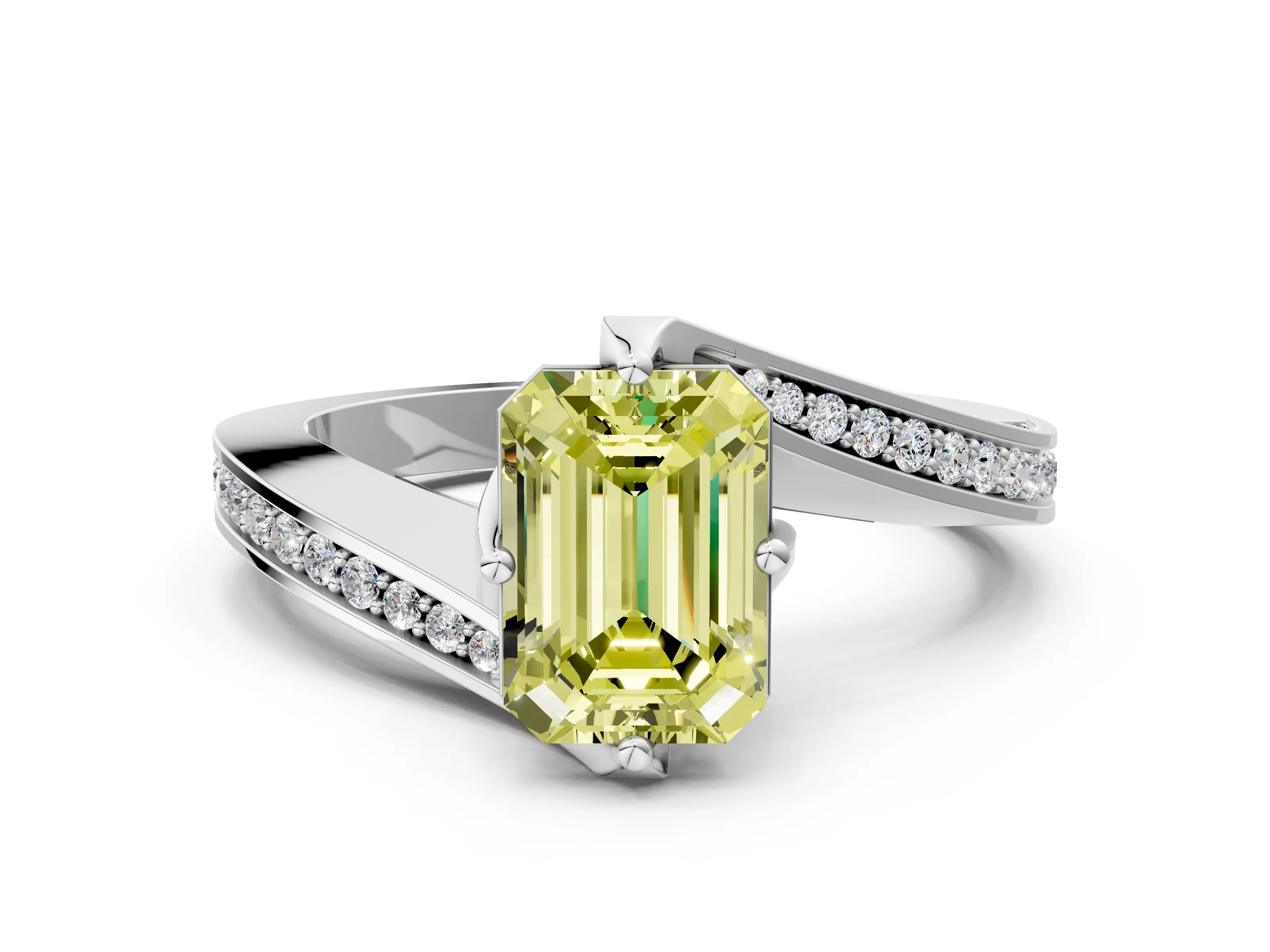 White gold Fancy Yellow Emerald Cut Solitaire Diamond Twist Band with Pavé Setting and Four-Prong Setting_12