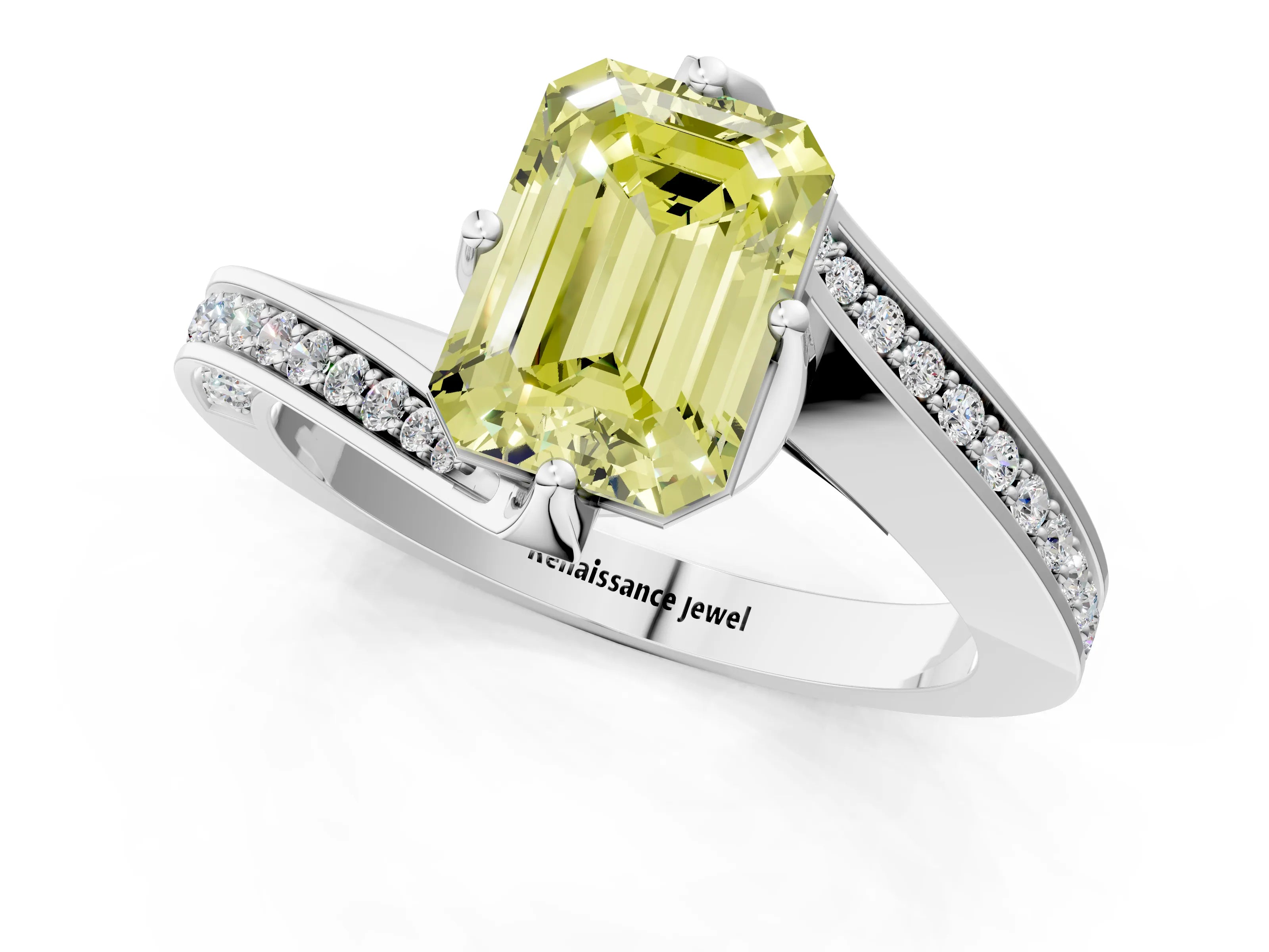 White gold Fancy Yellow Emerald Cut Solitaire Diamond Twist Band with Pavé Setting and Four-Prong Setting_13