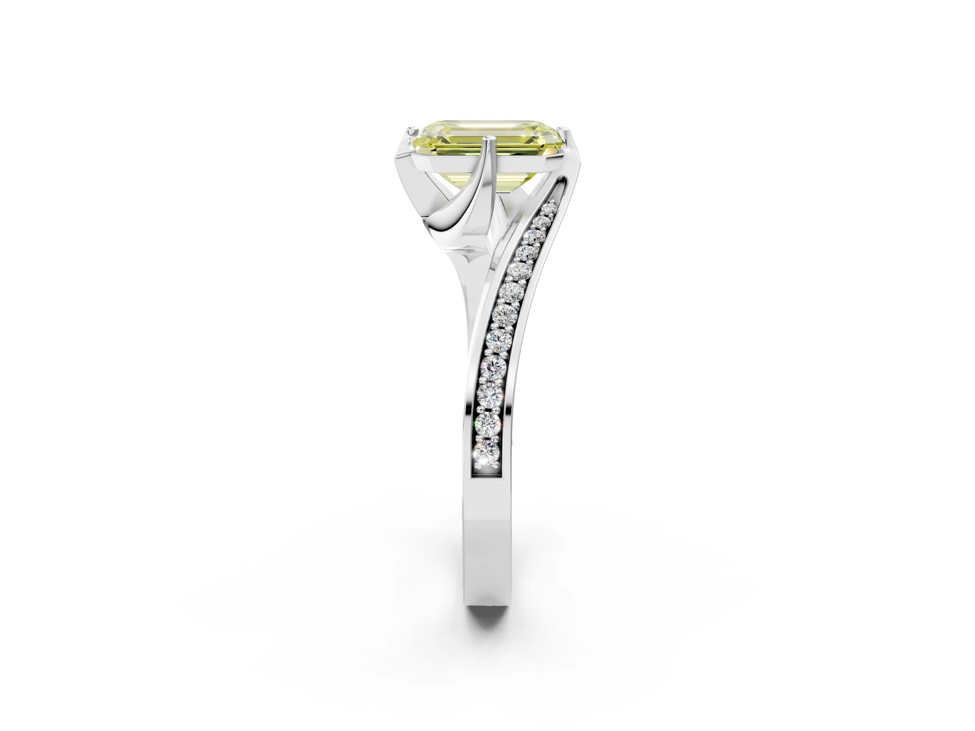 White gold Fancy Yellow Emerald Cut Solitaire Diamond Twist Band with Pavé Setting and Four-Prong Setting_14
