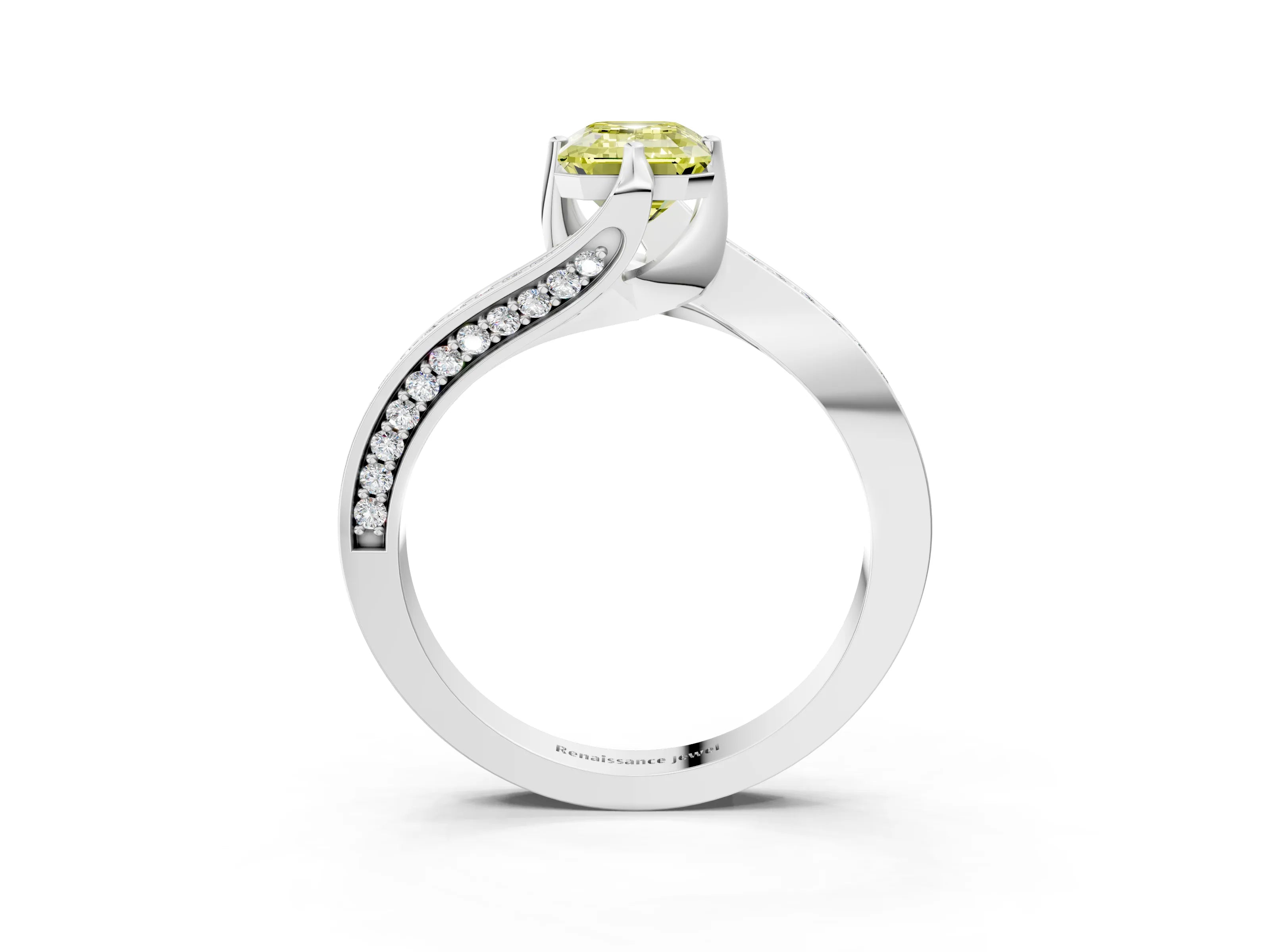 White gold Fancy Yellow Emerald Cut Solitaire Diamond Twist Band with Pavé Setting and Four-Prong Setting_15