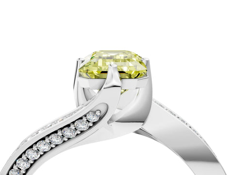 White gold Fancy Yellow Emerald Cut Solitaire Diamond Twist Band with Pavé Setting and Four-Prong Setting_16