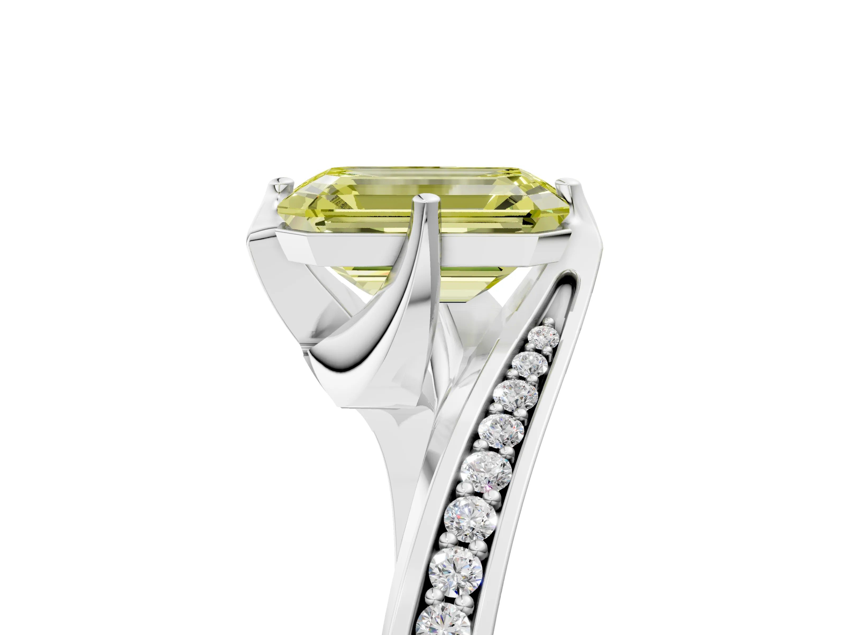 White gold Fancy Yellow Emerald Cut Solitaire Diamond Twist Band with Pavé Setting and Four-Prong Setting_17