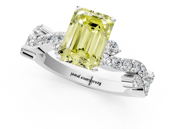 White gold Fancy Yellow Emerald  Cut Solitaire Diamond Twisted Band with Pave Setting