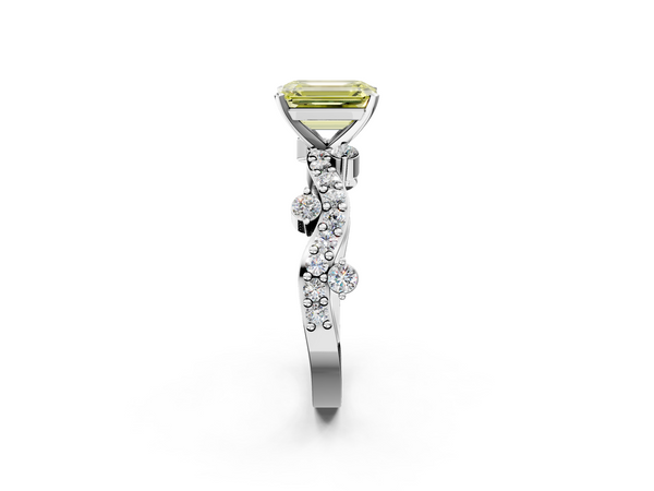 White gold Fancy Yellow Emerald  Cut Solitaire Diamond Twisted Band with Pave Setting