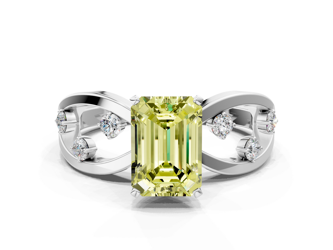 White gold Fancy Yellow Emerald  Cut Solitaire Diamond with Side Stones on Criss-Cross Band and Four-Prong Setting_3