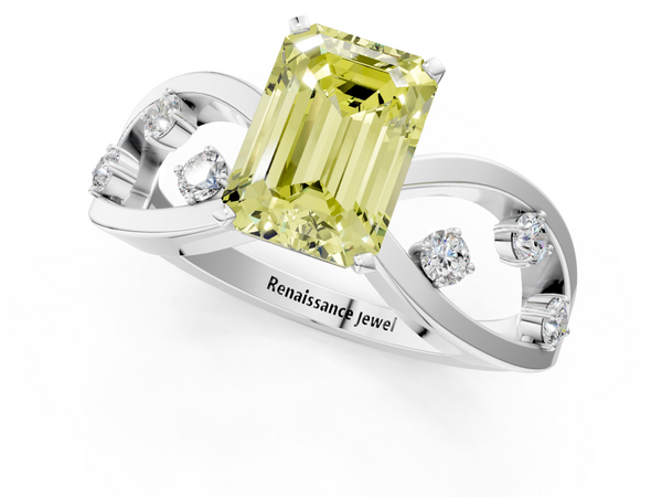 Platinum Fancy Yellow Emerald  Cut Solitaire Diamond with Side Stones on Criss-Cross Band and Four-Prong Setting