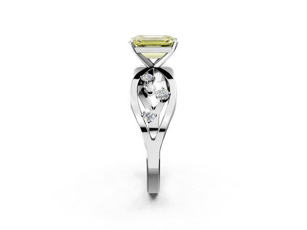 Platinum Fancy Yellow Emerald  Cut Solitaire Diamond with Side Stones on Criss-Cross Band and Four-Prong Setting
