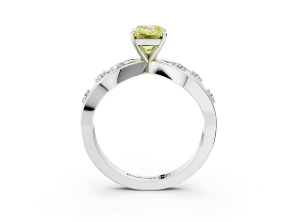 Platinum Fancy Yellow Emerald  Cut Solitaire Diamond with Side Stones on Criss-Cross Band and Four-Prong Setting