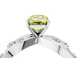 White gold Fancy Yellow Emerald  Cut Solitaire Diamond with Side Stones on Criss-Cross Band and Four-Prong Setting_7