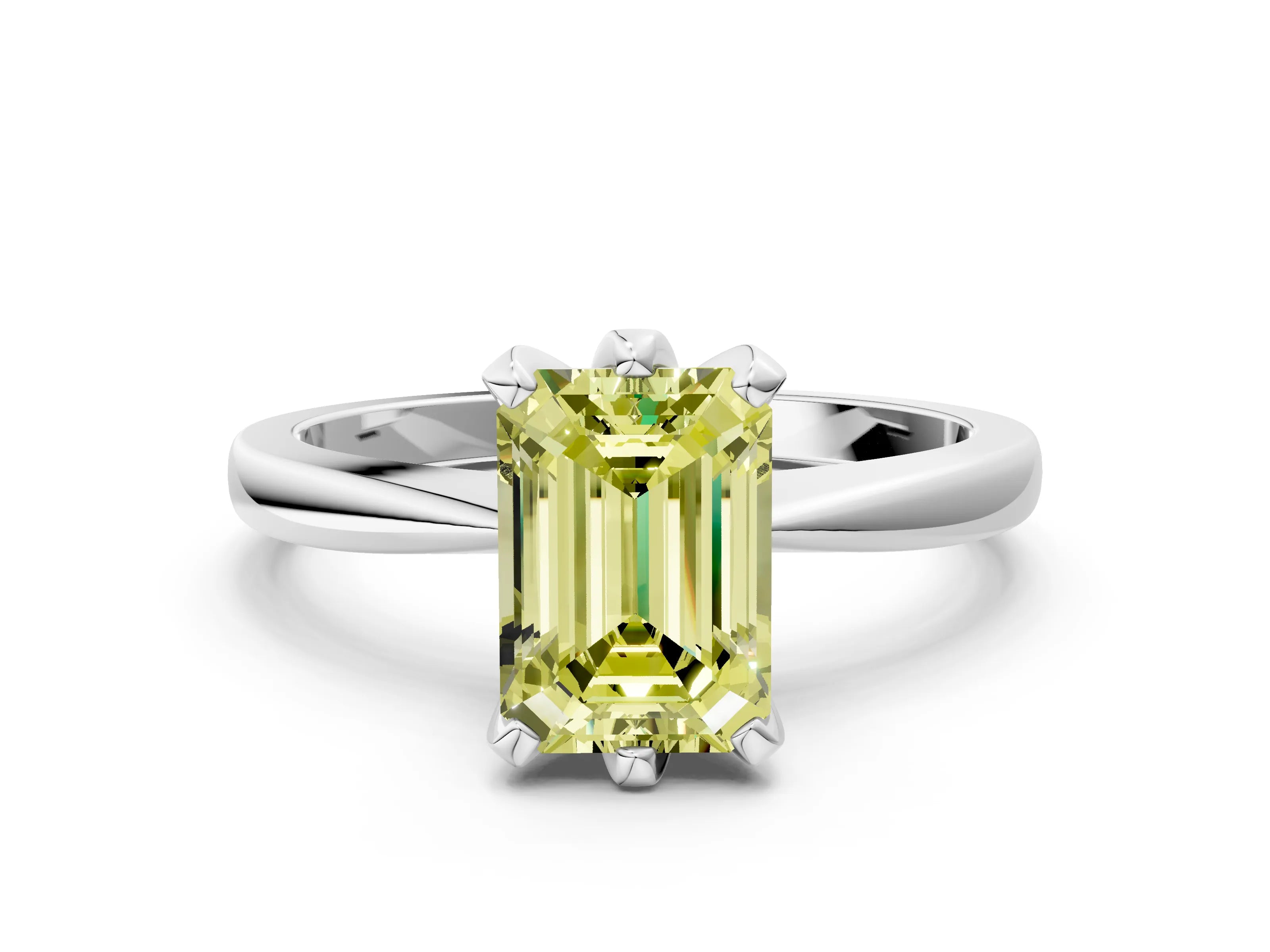 White gold Fancy Yellow Emerald Cut Solitaire Engagement Ring with Six-Prong Setting and Tapered Band