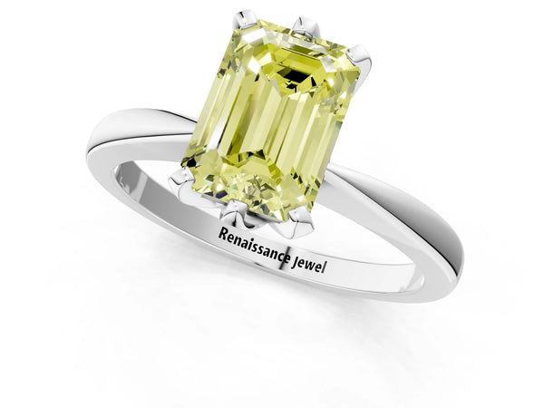 Platinum Fancy Yellow Emerald Cut Solitaire Engagement Ring with Six-Prong Setting and Tapered Band