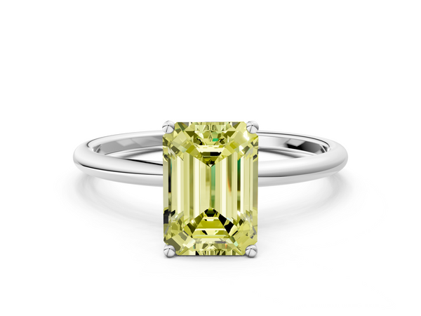 Platinum Fancy Yellow Emerald  Cut Solitaire Engagement Ring with Thin Band and Four-Prong Setting