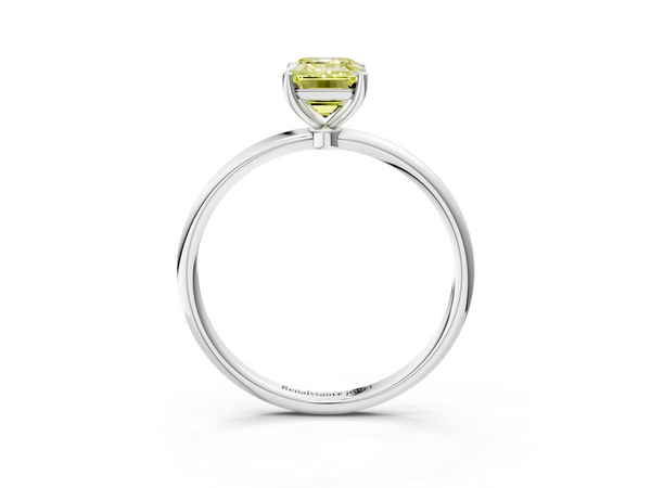Platinum Fancy Yellow Emerald  Cut Solitaire Engagement Ring with Thin Band and Four-Prong Setting