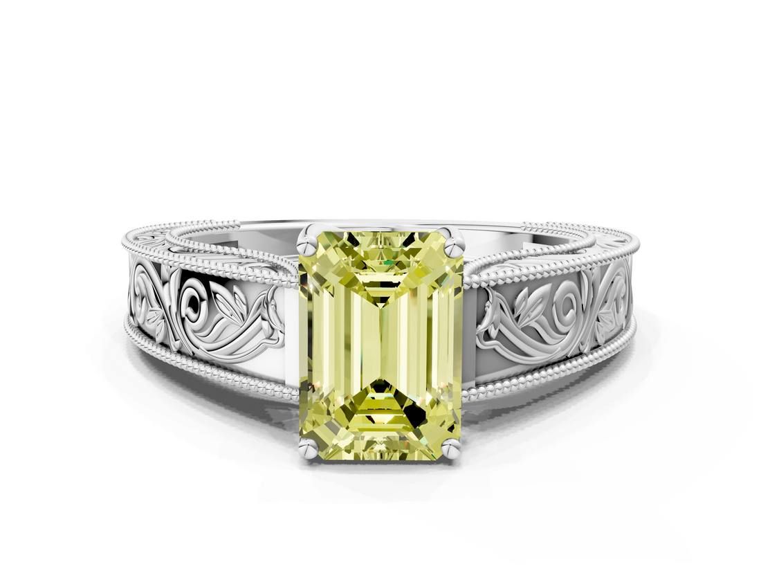 White gold Fancy Yellow Emerald  Cut Solitaire Engraved Band with Four-Prong Setting_79
