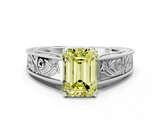 White gold Fancy Yellow Emerald  Cut Solitaire Engraved Band with Four-Prong Setting_79