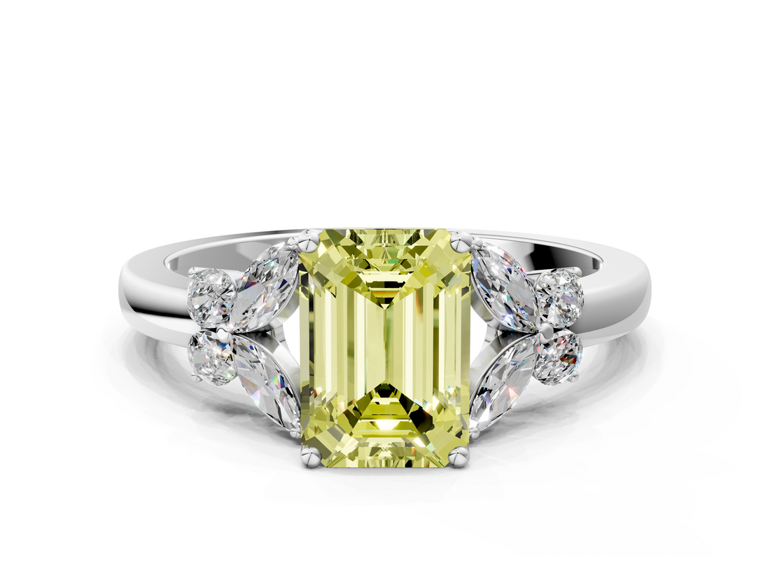 White gold Fancy Yellow Emerald  Cut Solitaire Floral Diamond Ring with Four-Prong Setting_43