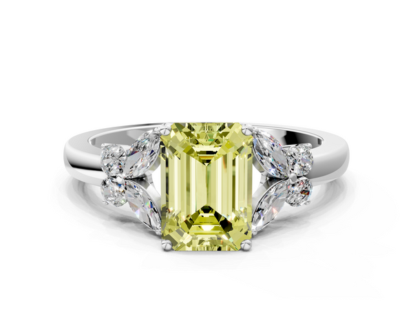 Platinum Fancy Yellow Emerald  Cut Solitaire Floral Diamond Ring with Four-Prong Setting