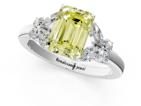 Platinum Fancy Yellow Emerald  Cut Solitaire Floral Diamond Ring with Four-Prong Setting