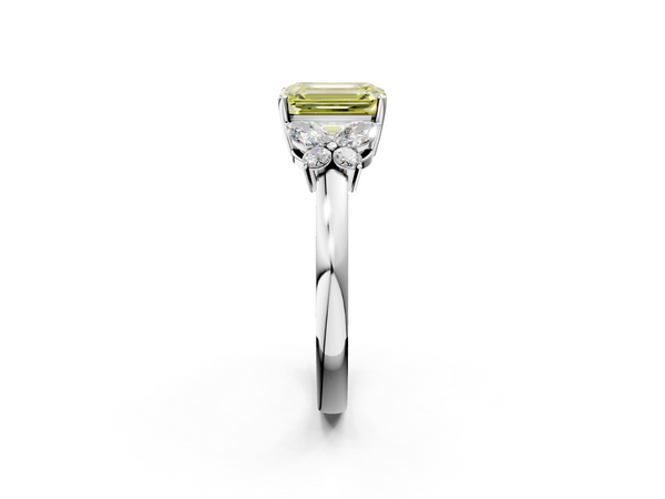 Platinum Fancy Yellow Emerald  Cut Solitaire Floral Diamond Ring with Four-Prong Setting