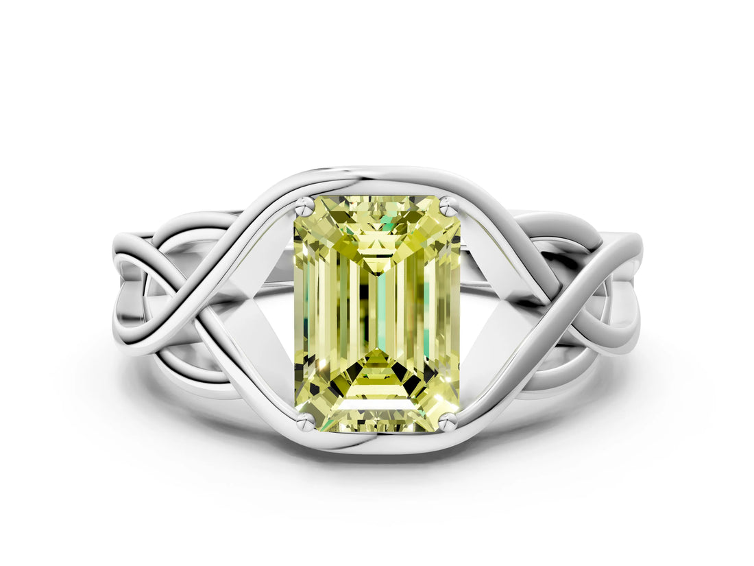 White gold Fancy Yellow Emerald Cut Solitaire Intertwined Band Prong Setting Ring