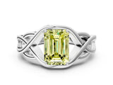 White gold Fancy Yellow Emerald Cut Solitaire Intertwined Band Prong Setting Ring