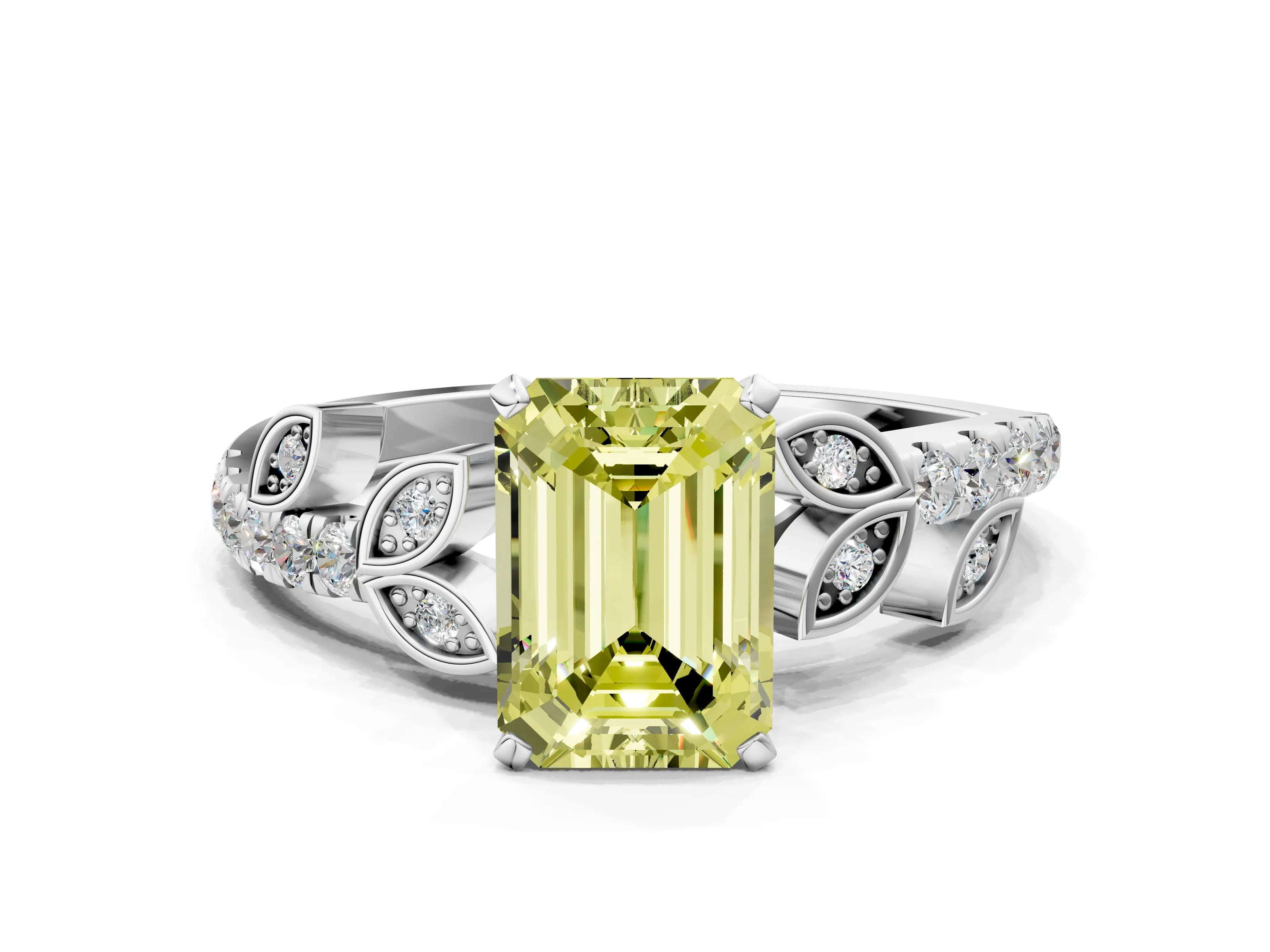 White gold Fancy Yellow Emerald Cut Solitaire Leaf-Inspired Diamond Ring with Pavé Band and Four-Prong Setting_12