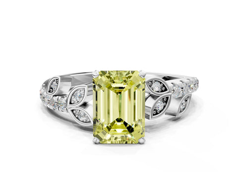 White gold Fancy Yellow Emerald Cut Solitaire Leaf-Inspired Diamond Ring with Pavé Band and Four-Prong Setting_12