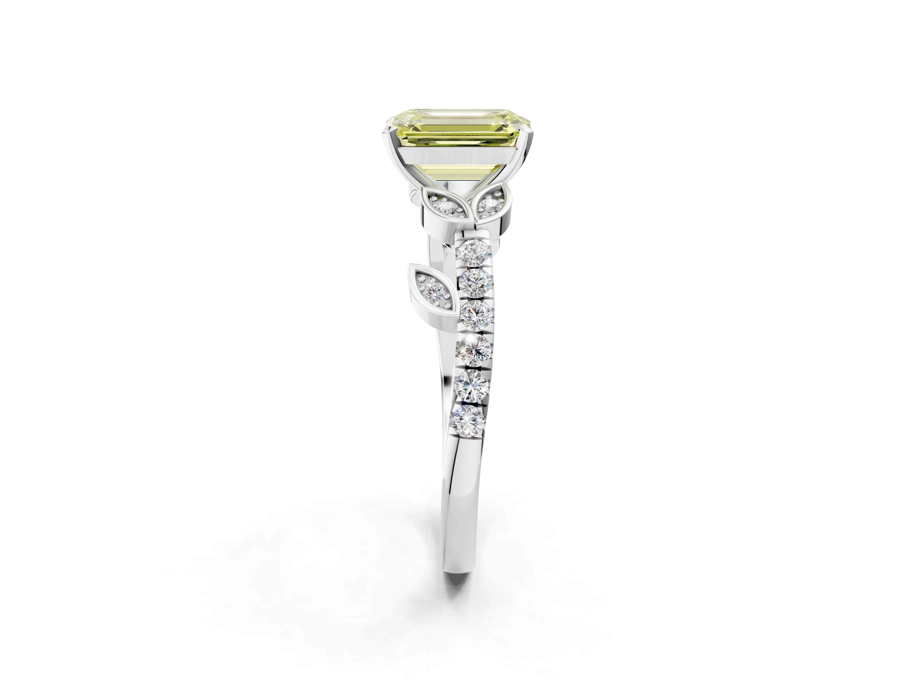 White gold Fancy Yellow Emerald Cut Solitaire Leaf-Inspired Diamond Ring with Pavé Band and Four-Prong Setting_14
