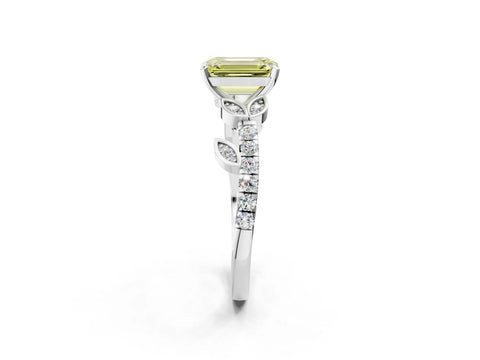 White gold Fancy Yellow Emerald Cut Solitaire Leaf-Inspired Diamond Ring with Pavé Band and Four-Prong Setting_14