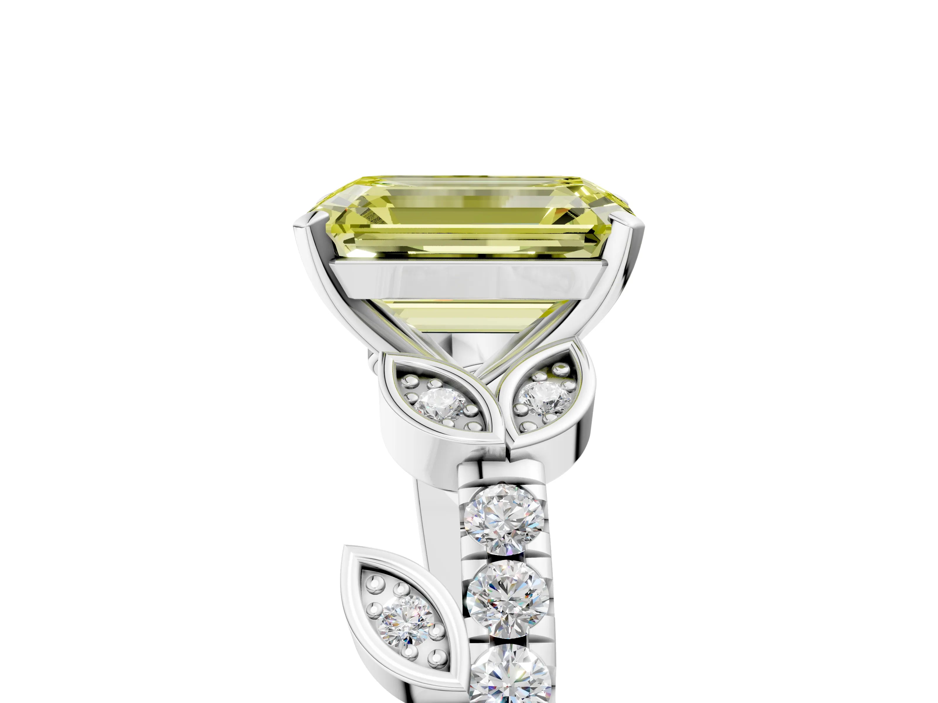 White gold Fancy Yellow Emerald Cut Solitaire Leaf-Inspired Diamond Ring with Pavé Band and Four-Prong Setting_17